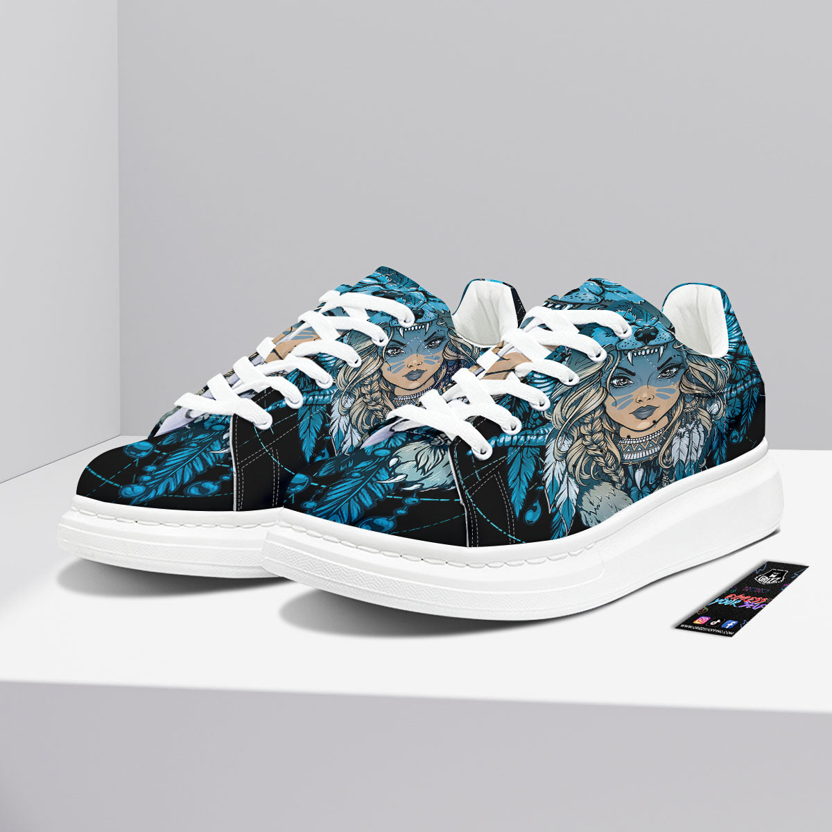 Wolf Girl Native American Print Platform Shoes-grizzshop
