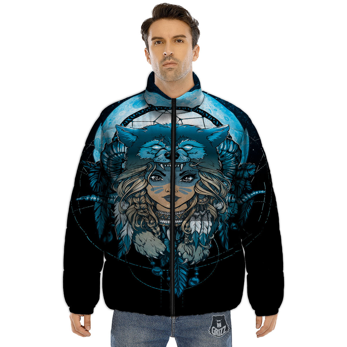 Wolf Girl Native American Print Puffer Jacket-grizzshop