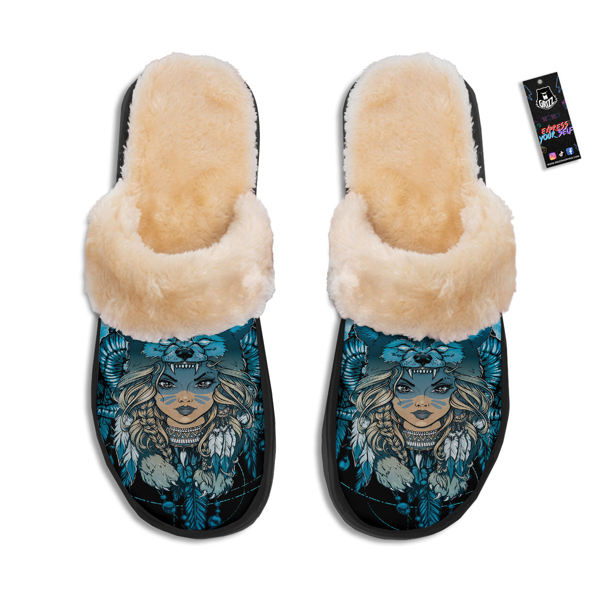 Wolf Girl Native American Print Slippers-grizzshop