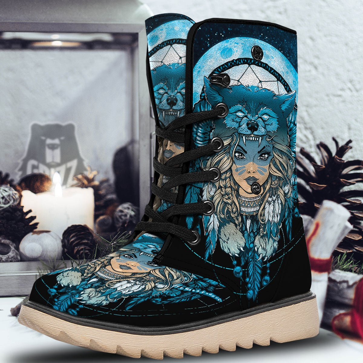 Wolf Girl Native American Print Snow Boots-grizzshop