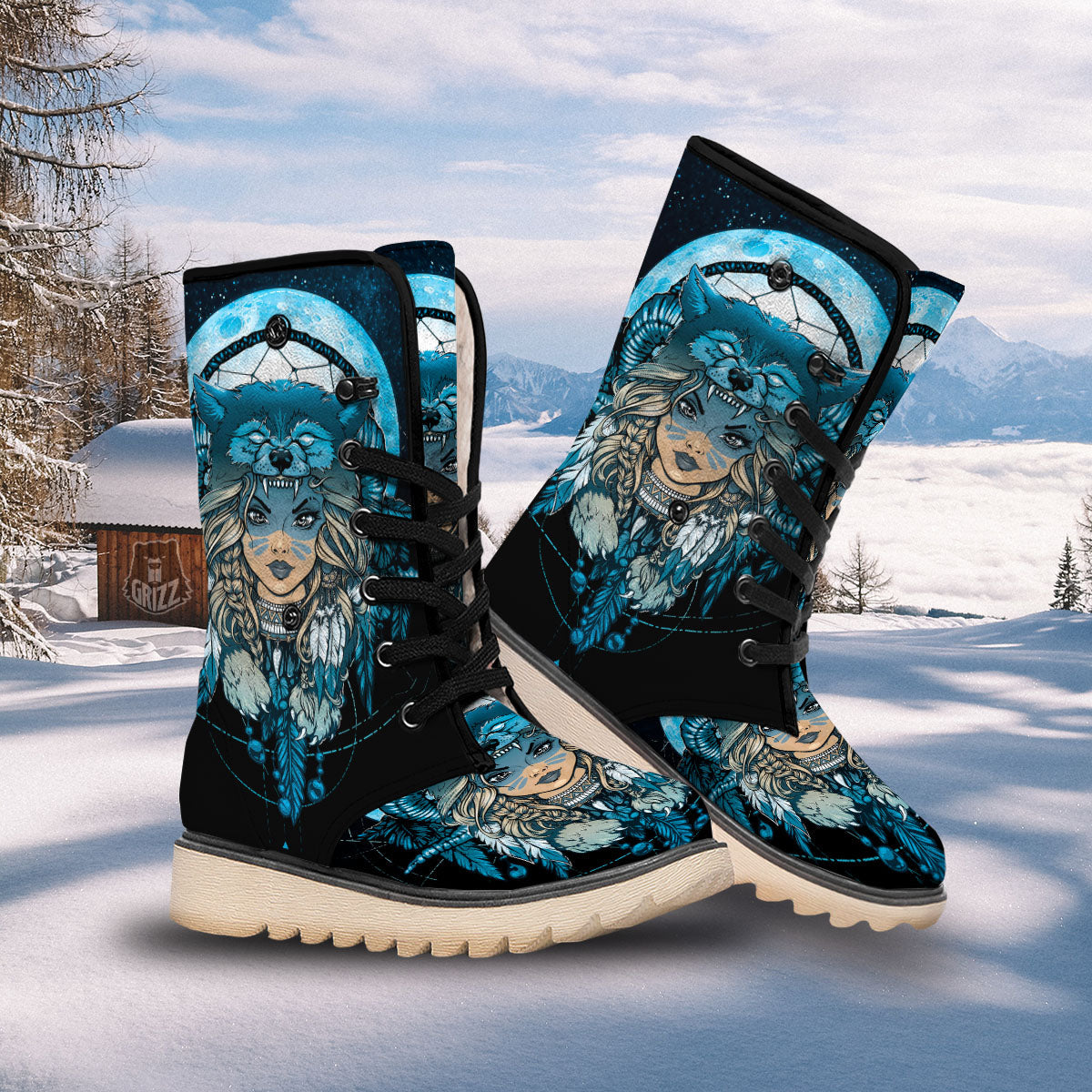 Wolf Girl Native American Print Snow Boots-grizzshop