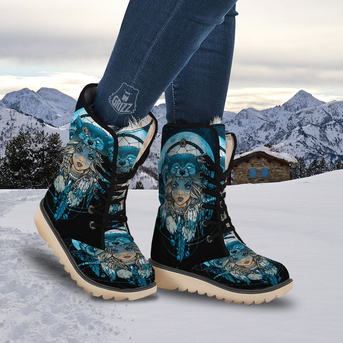 Wolf Girl Native American Print Snow Boots-grizzshop