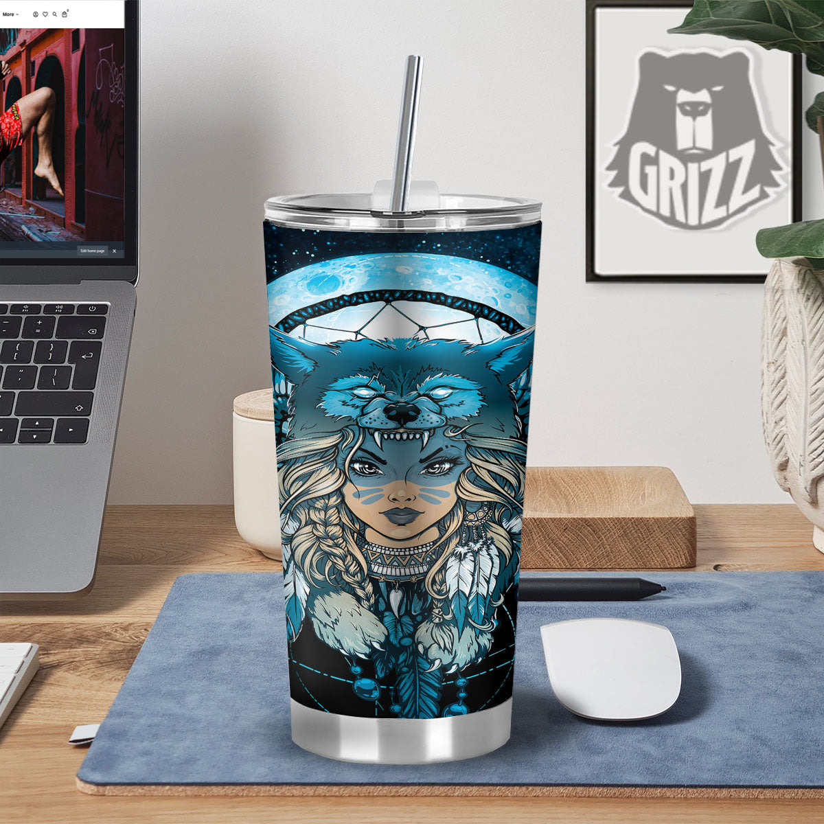 Wolf Girl Native American Print Tumbler-grizzshop