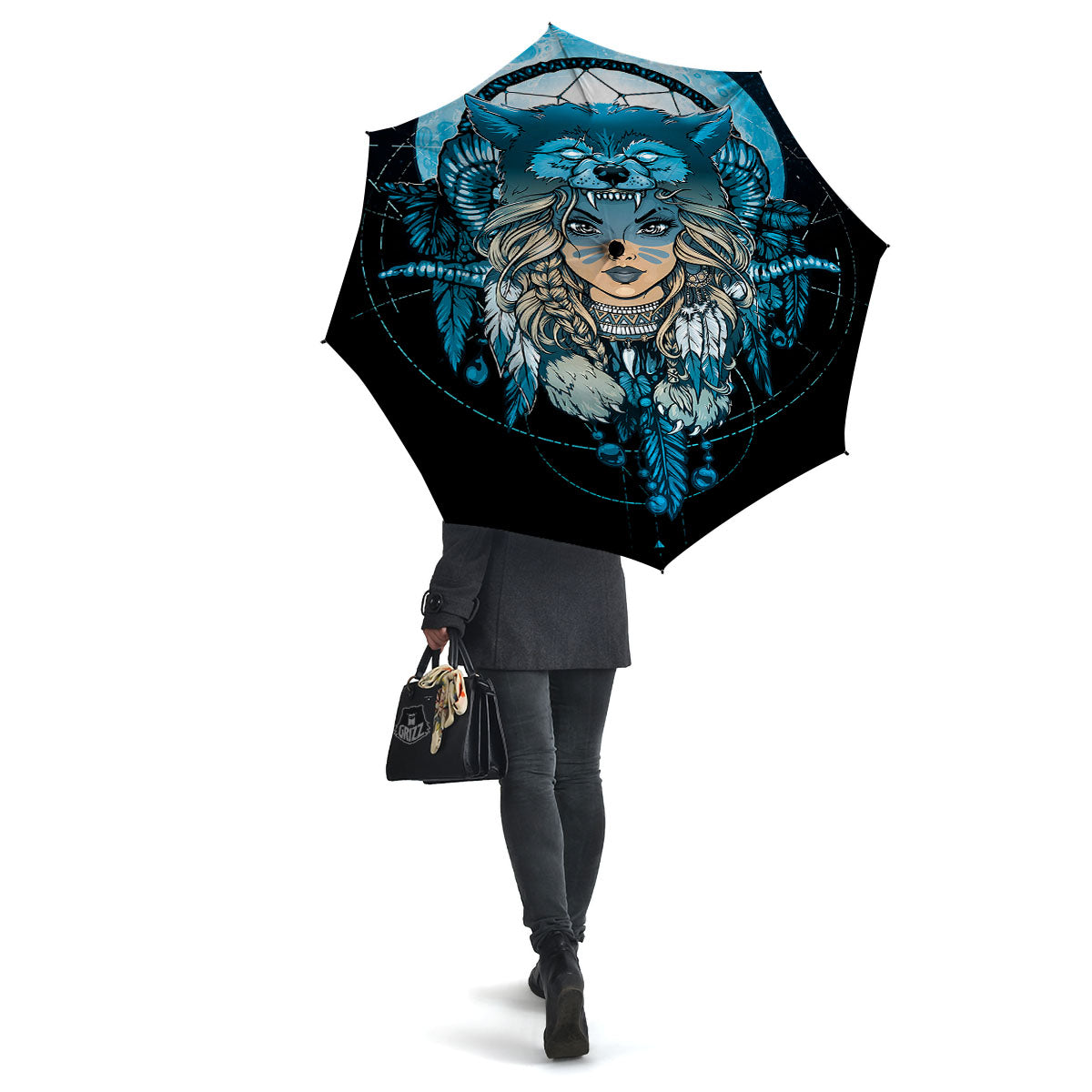 Wolf Girl Native American Print Umbrella-grizzshop