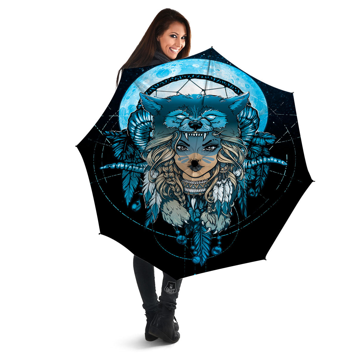 Wolf Girl Native American Print Umbrella-grizzshop
