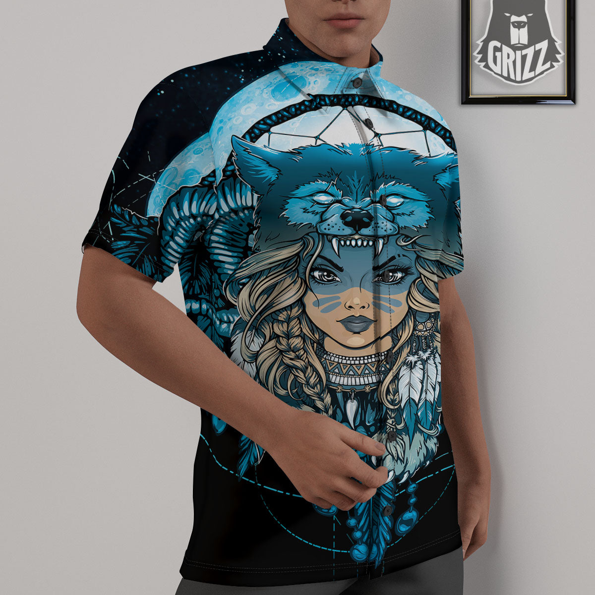 Wolf Girl Native American Print Untucked Shirts-grizzshop
