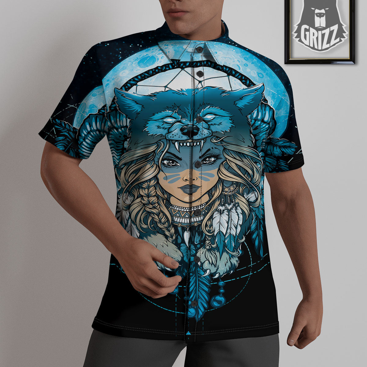 Wolf Girl Native American Print Untucked Shirts-grizzshop