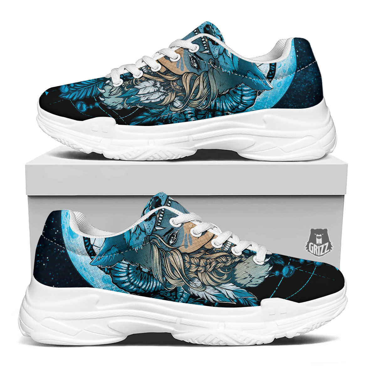 Wolf Girl Native American Print White Chunky Shoes-grizzshop