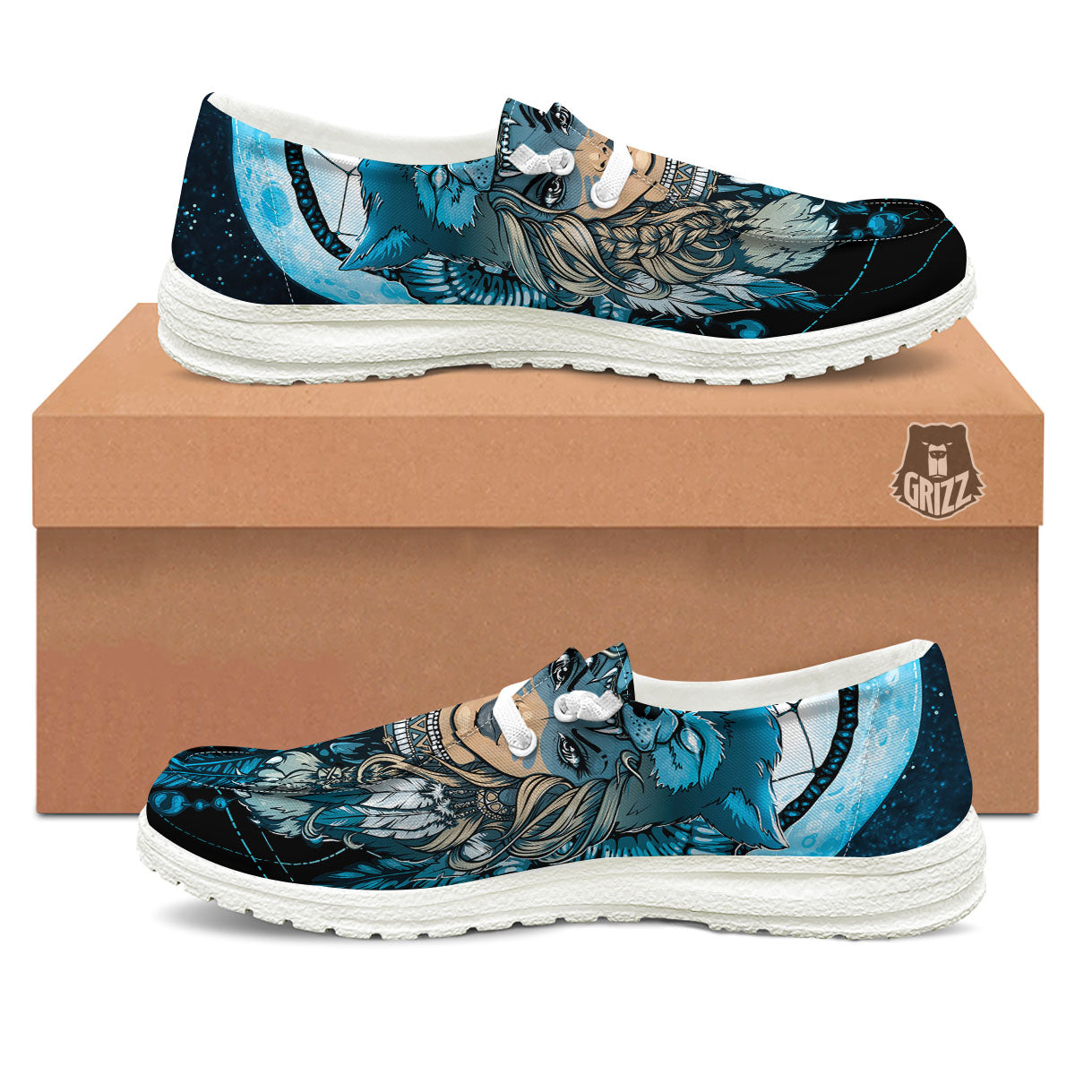 Wolf Girl Native American Print White Loafers-grizzshop