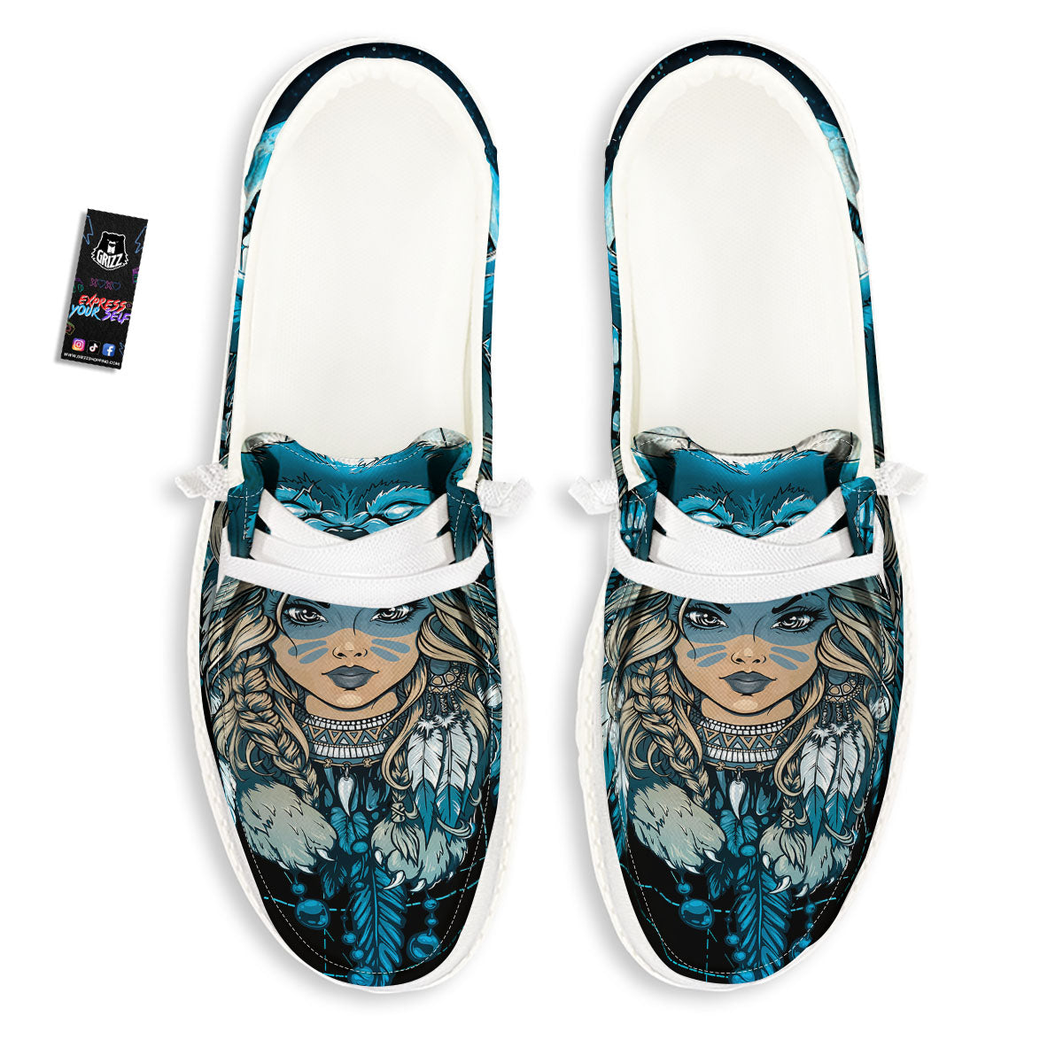 Wolf Girl Native American Print White Loafers-grizzshop