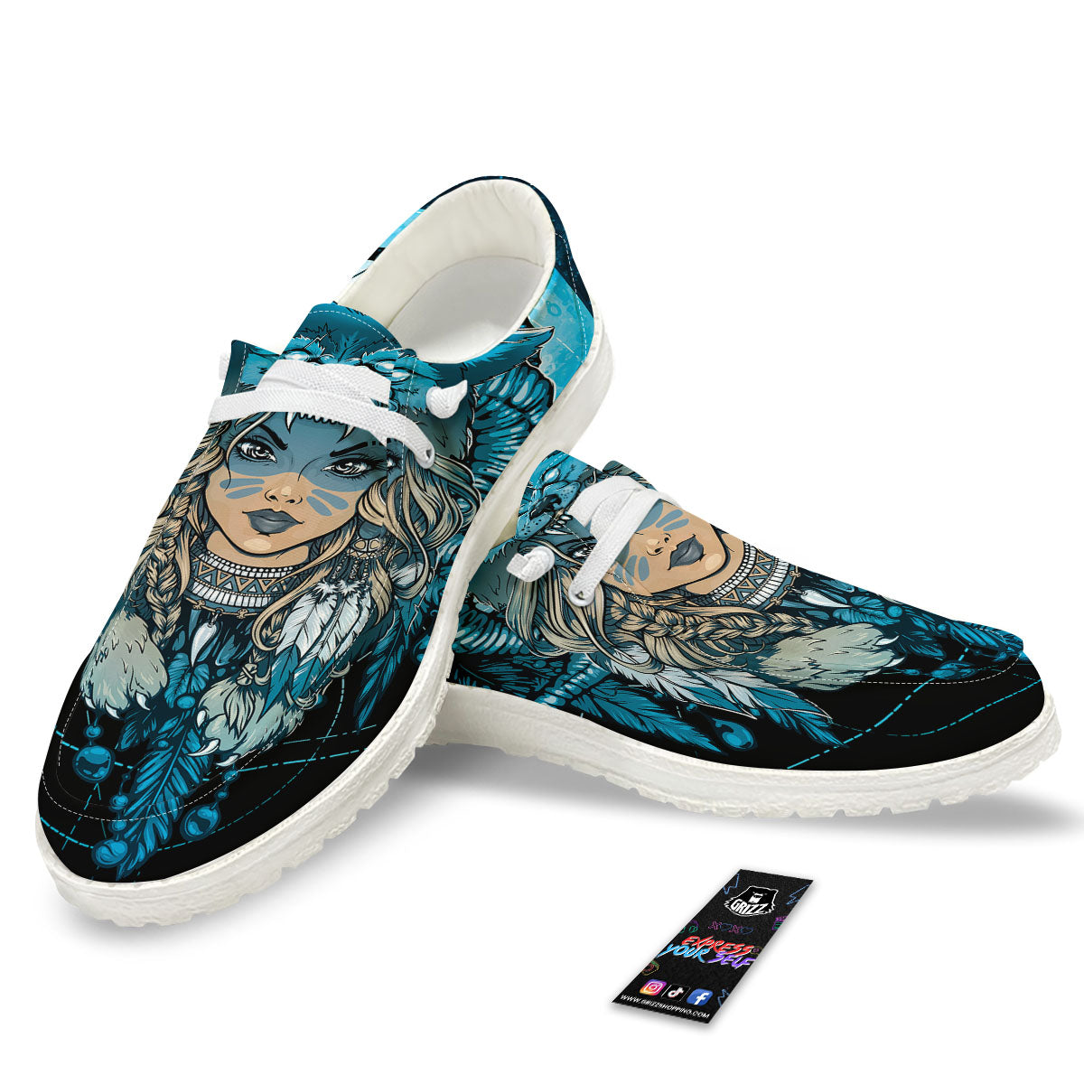 Wolf Girl Native American Print White Loafers-grizzshop