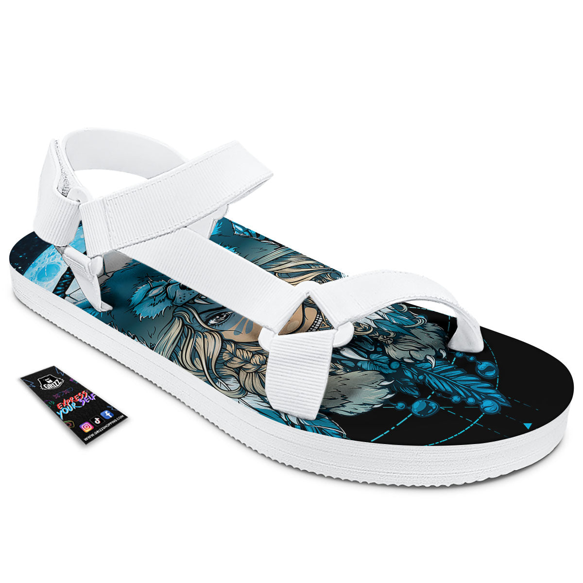 Wolf Girl Native American Print White Open Toe Sandals-grizzshop