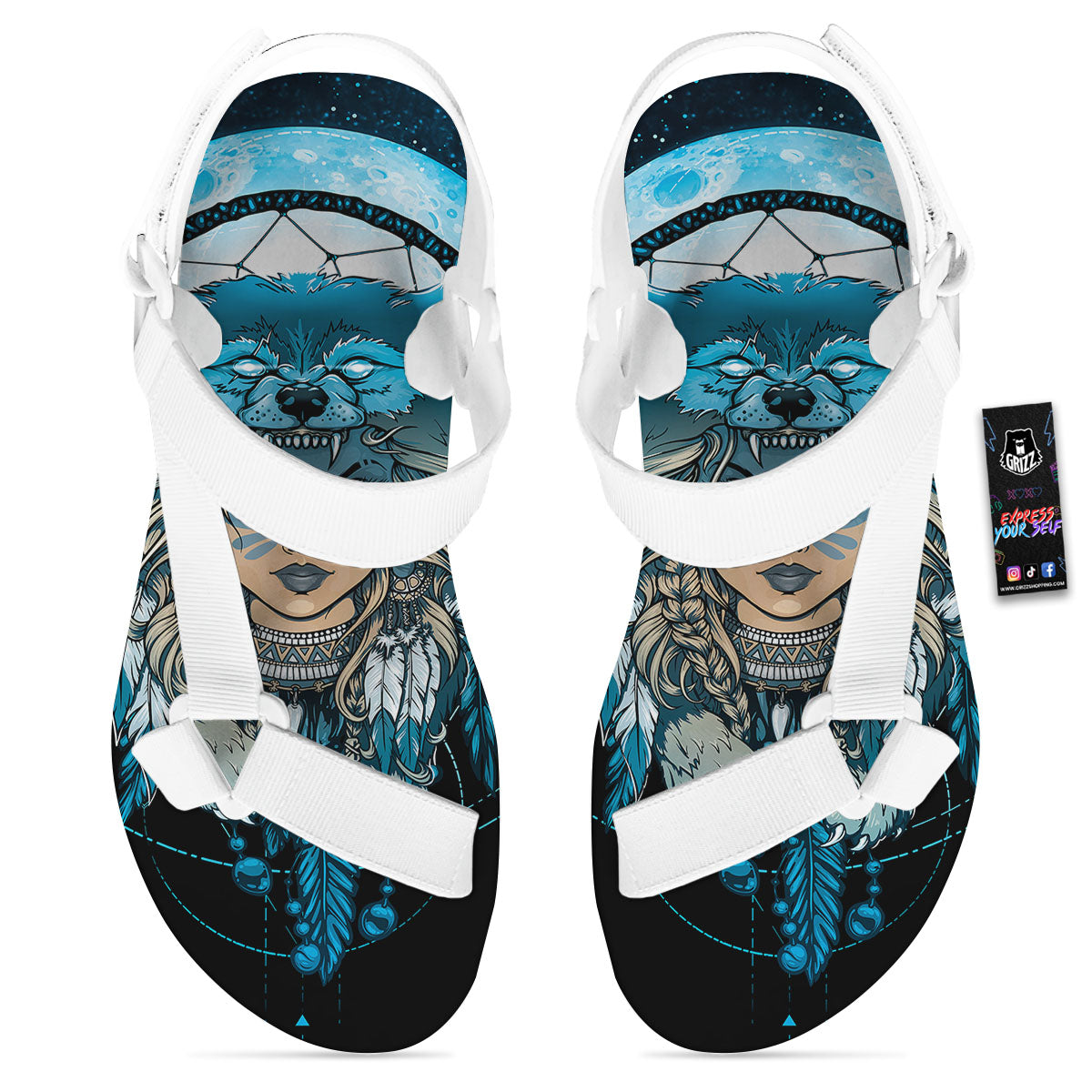 Wolf Girl Native American Print White Open Toe Sandals-grizzshop