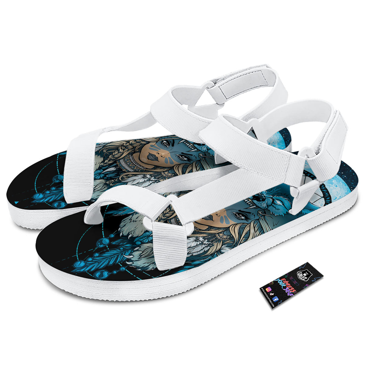 Wolf Girl Native American Print White Open Toe Sandals-grizzshop
