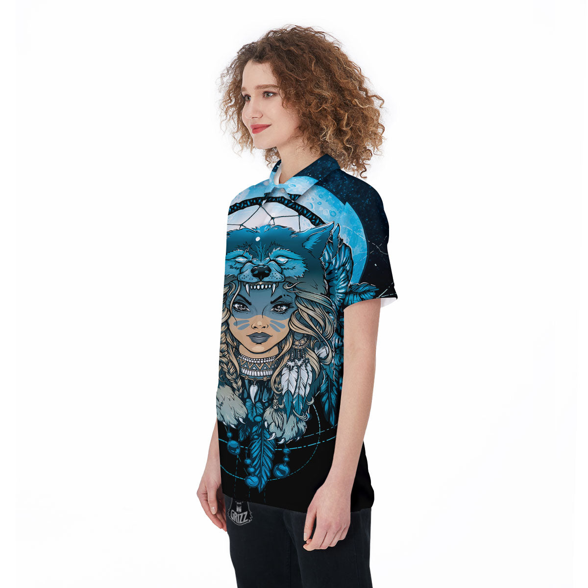 Wolf Girl Native American Print Women's Golf Shirts-grizzshop