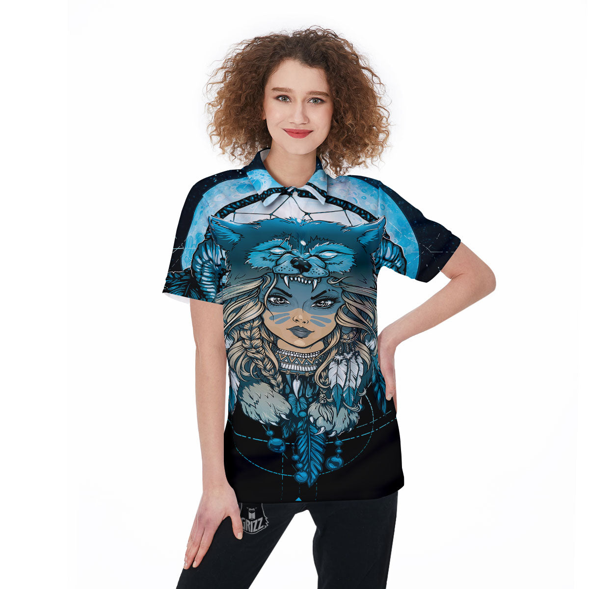 Wolf Girl Native American Print Women's Golf Shirts-grizzshop