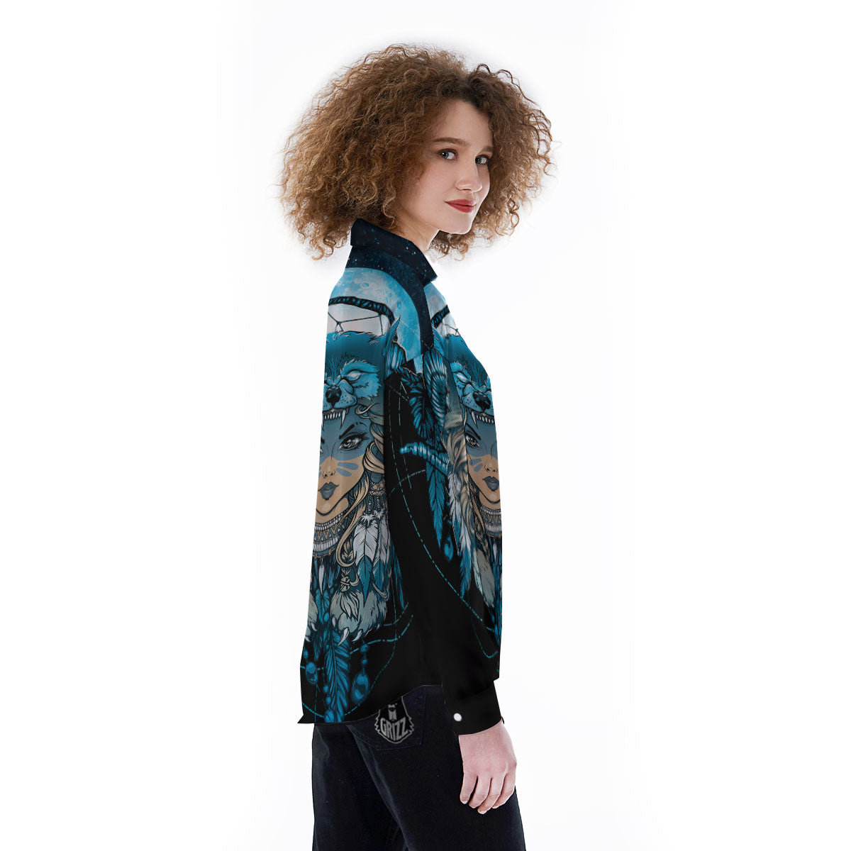 Wolf Girl Native American Print Women's Long Sleeve Shirts-grizzshop