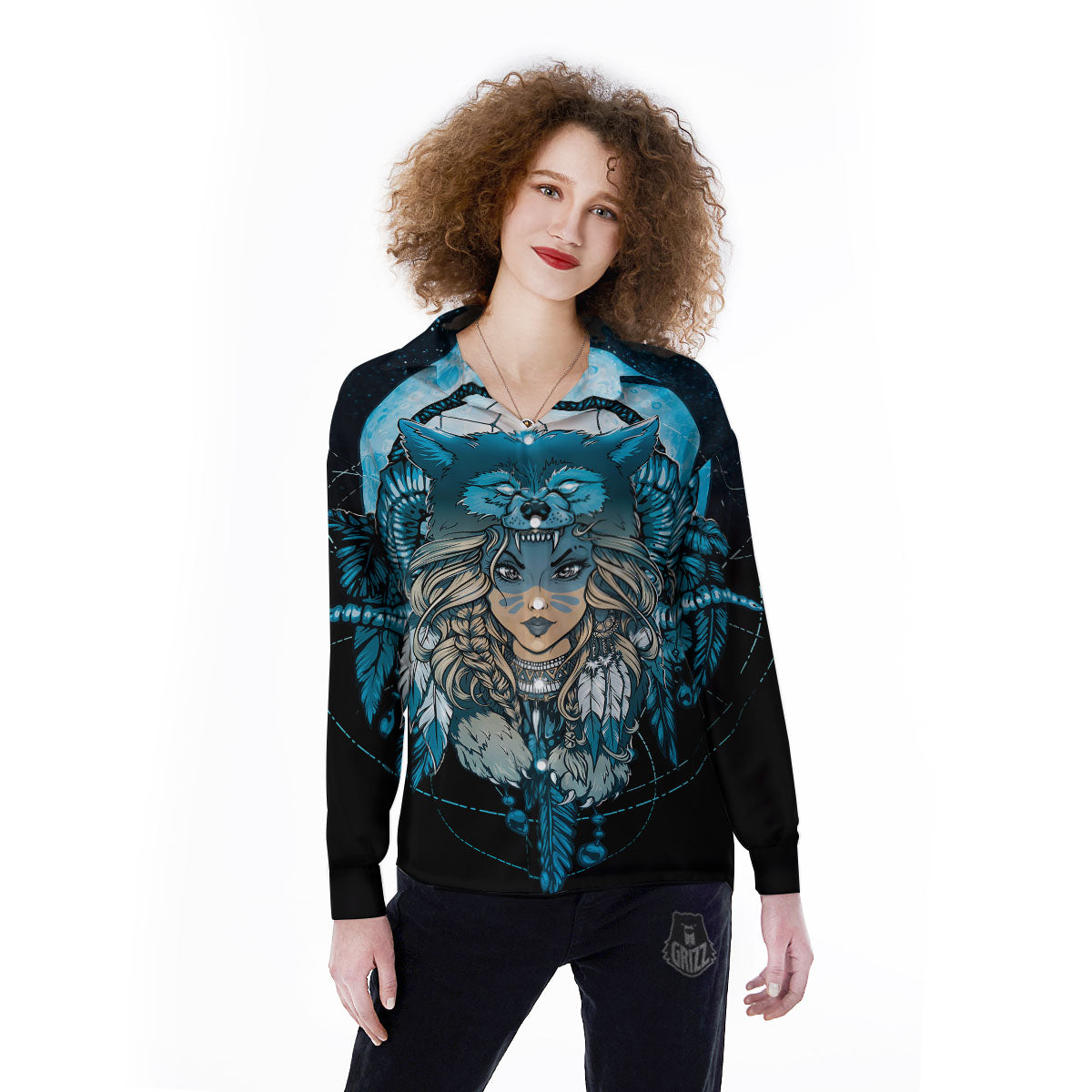 Wolf Girl Native American Print Women's Long Sleeve Shirts-grizzshop