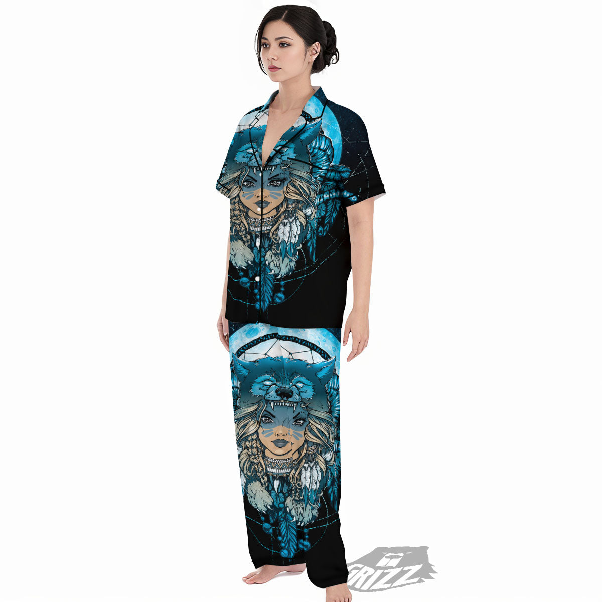Wolf Girl Native American Print Women's Pajamas Set-grizzshop