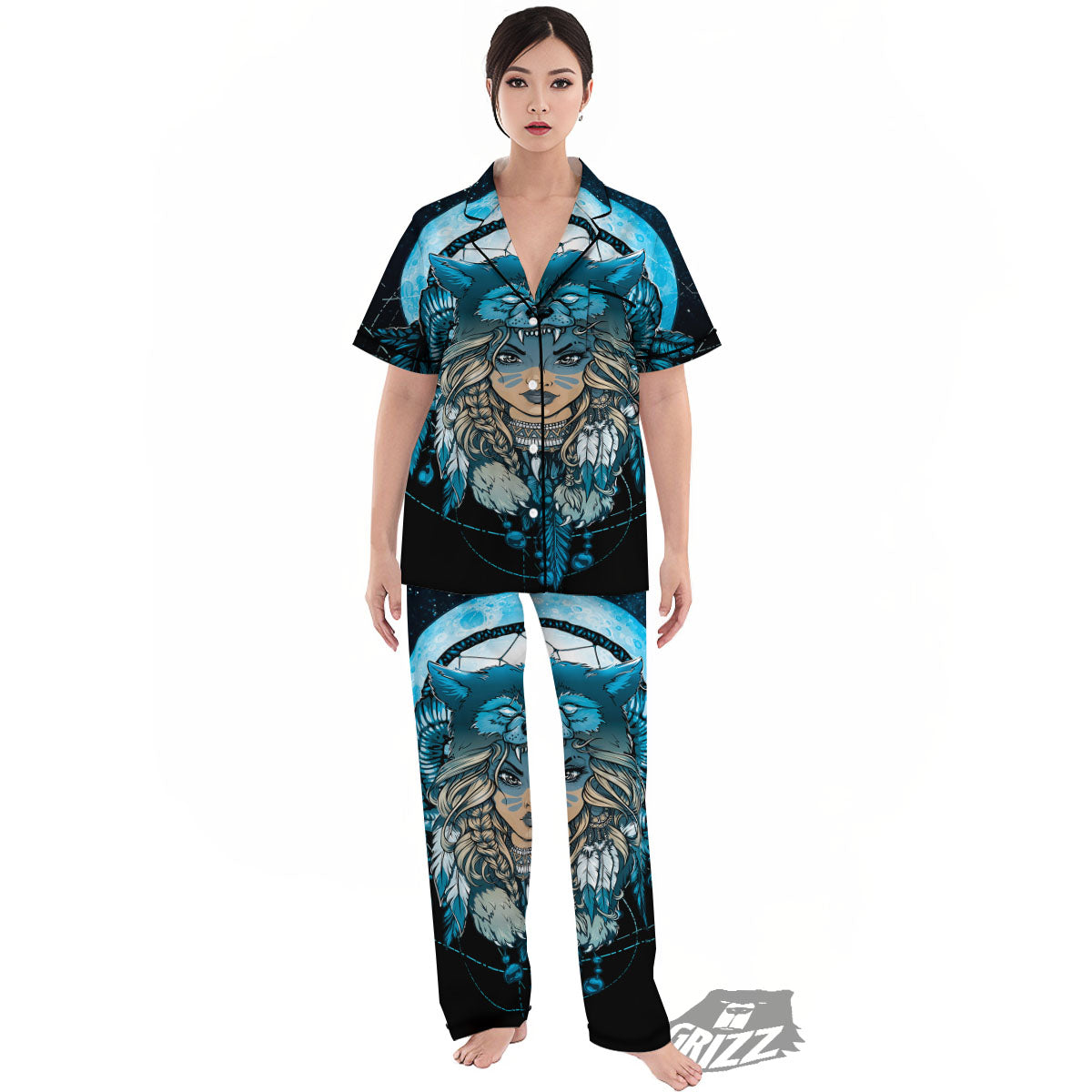Wolf Girl Native American Print Women's Pajamas Set-grizzshop