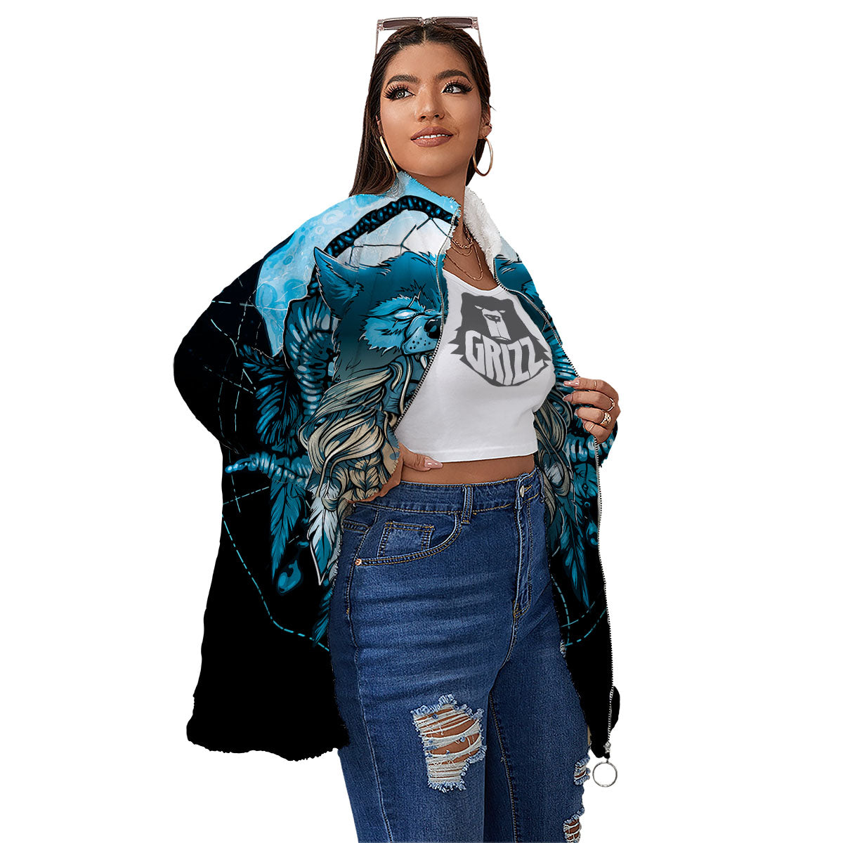 Wolf Girl Native American Print Women's Sherpa Jacket-grizzshop