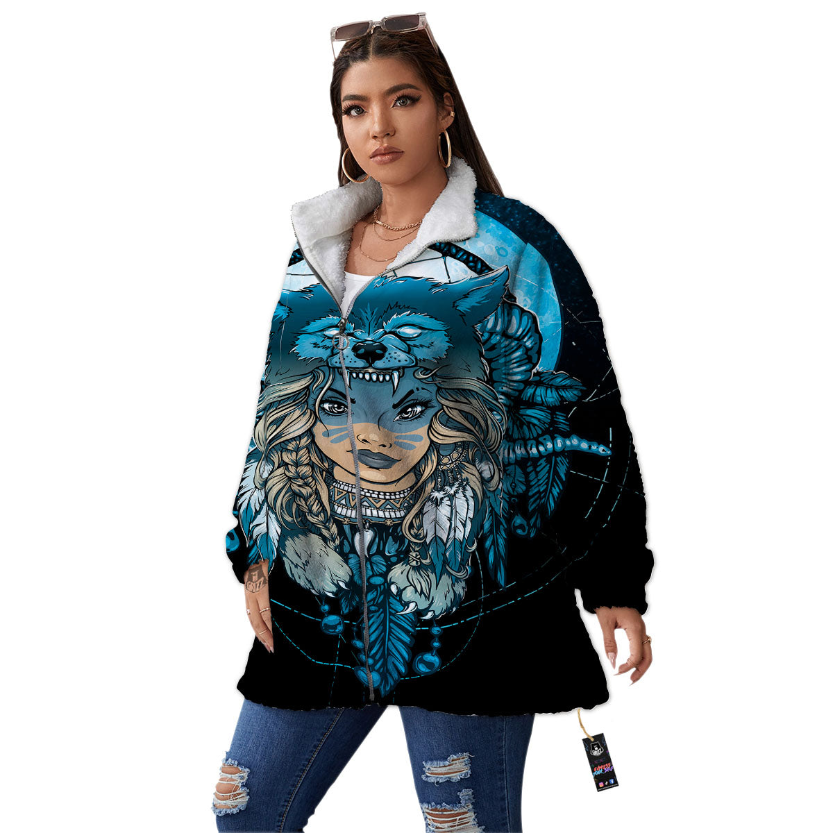 Wolf Girl Native American Print Women's Sherpa Jacket-grizzshop