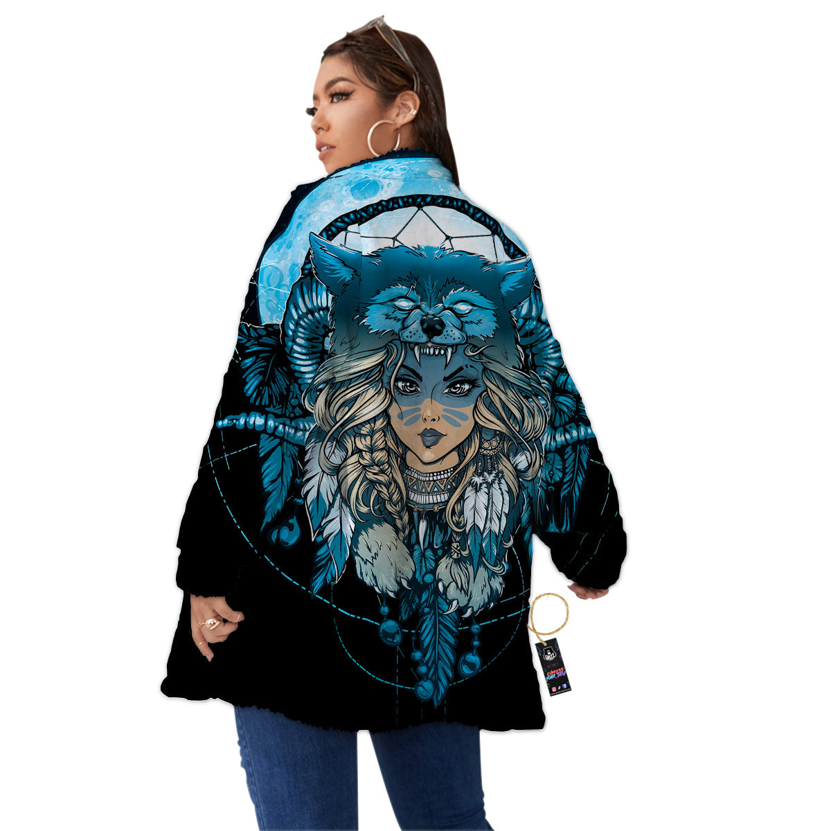 Wolf Girl Native American Print Women's Sherpa Jacket-grizzshop