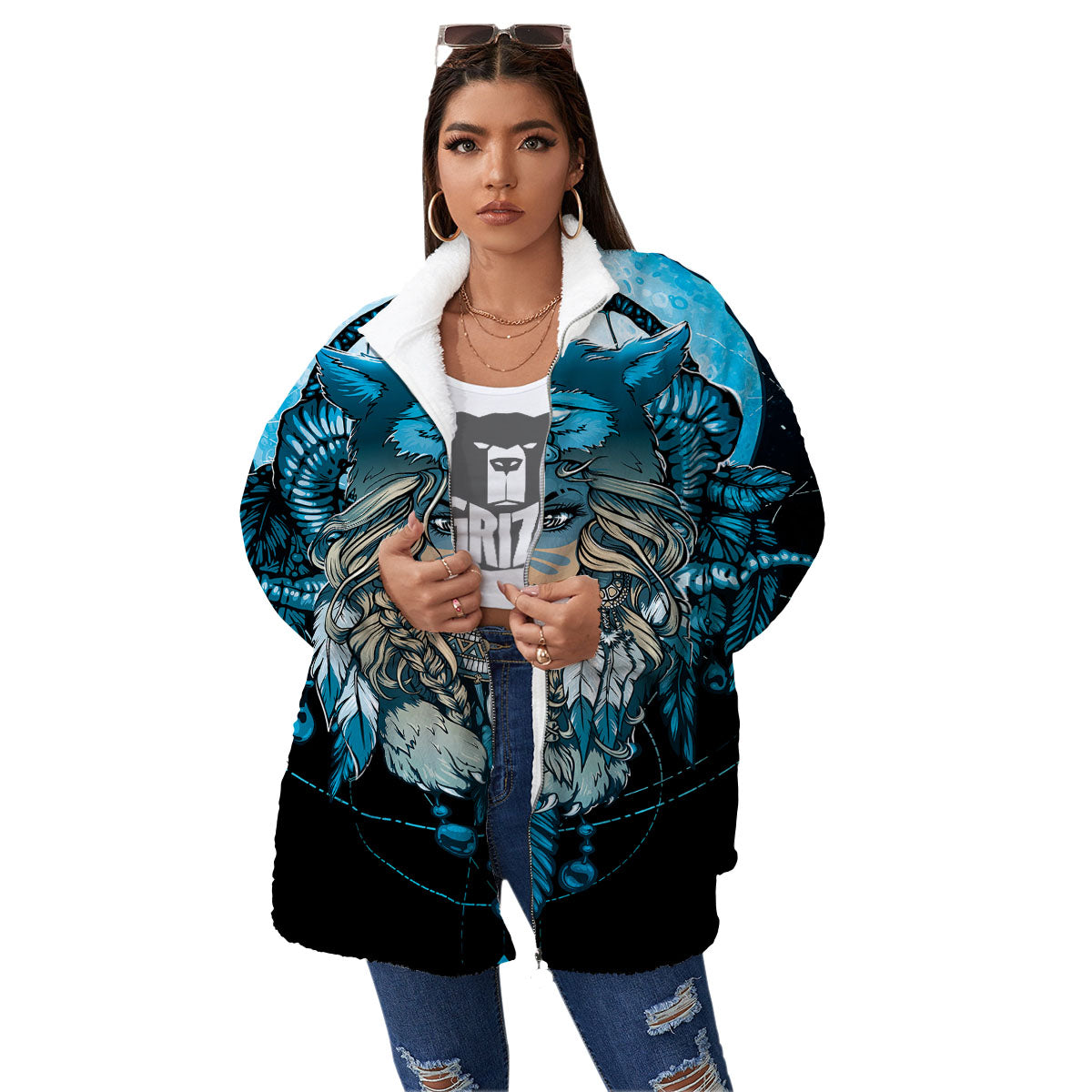 Wolf Girl Native American Print Women's Sherpa Jacket-grizzshop