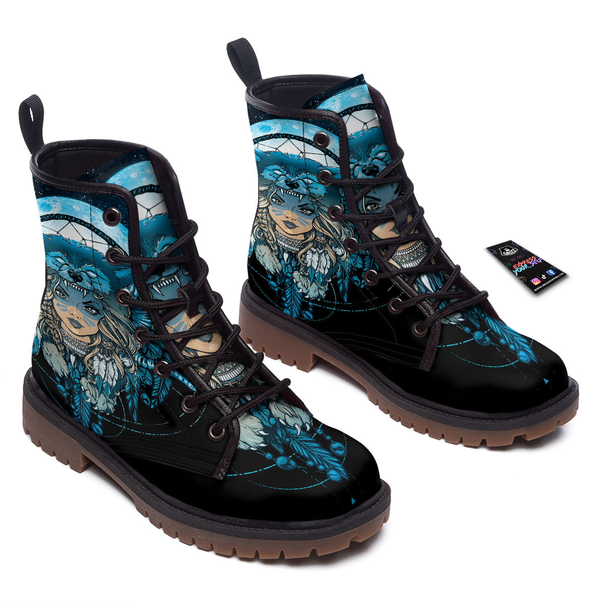 Wolf Girl Native American Print Work Boots-grizzshop