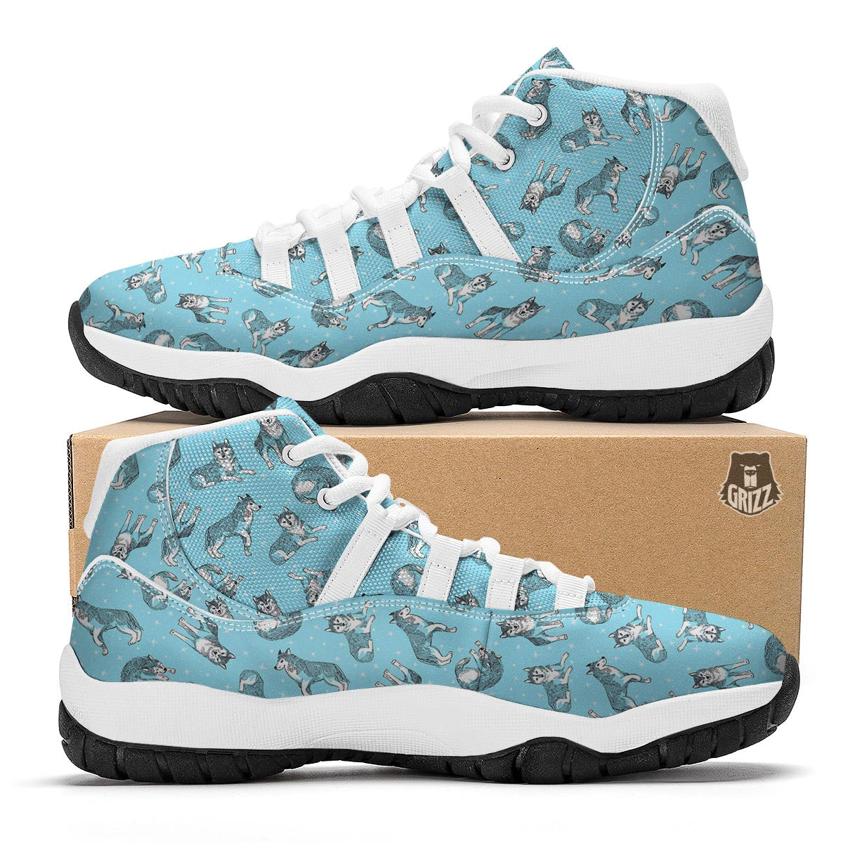 Wolf Hand Drawn Pattern Print White Bball Shoes-grizzshop