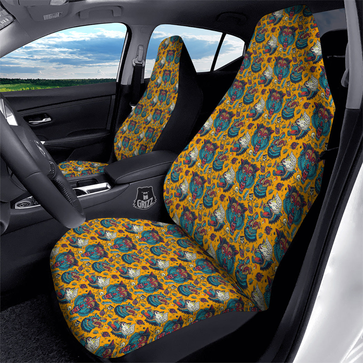 Wolf Head Yellow Tattoo Print Pattern Car Seat Covers-grizzshop