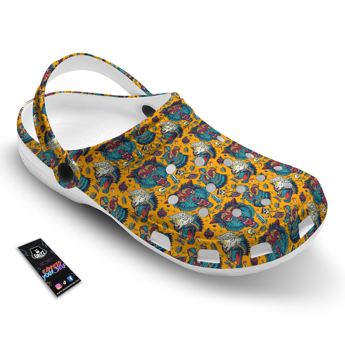 Wolf Head Yellow Tattoo Print Pattern Clog-grizzshop