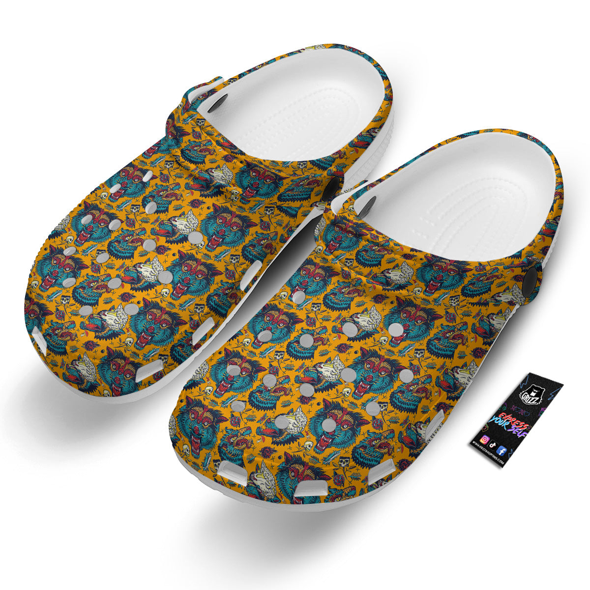 Wolf Head Yellow Tattoo Print Pattern Clog-grizzshop