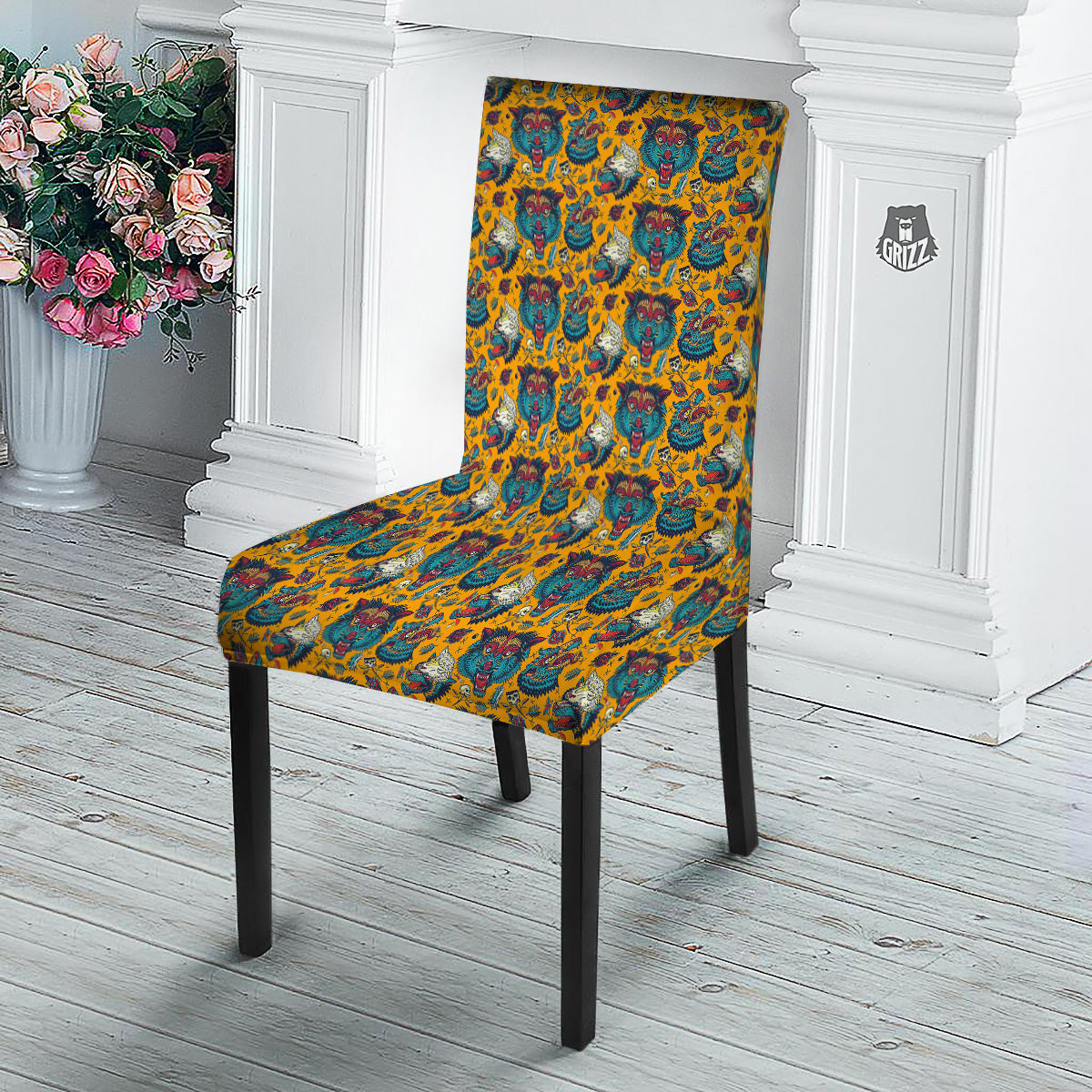 Wolf Head Yellow Tattoo Print Pattern Dining Chair Slipcover-grizzshop