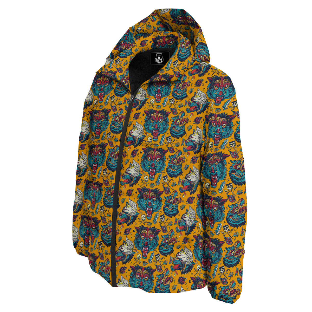 Wolf Head Yellow Tattoo Print Pattern Down Jacket-grizzshop
