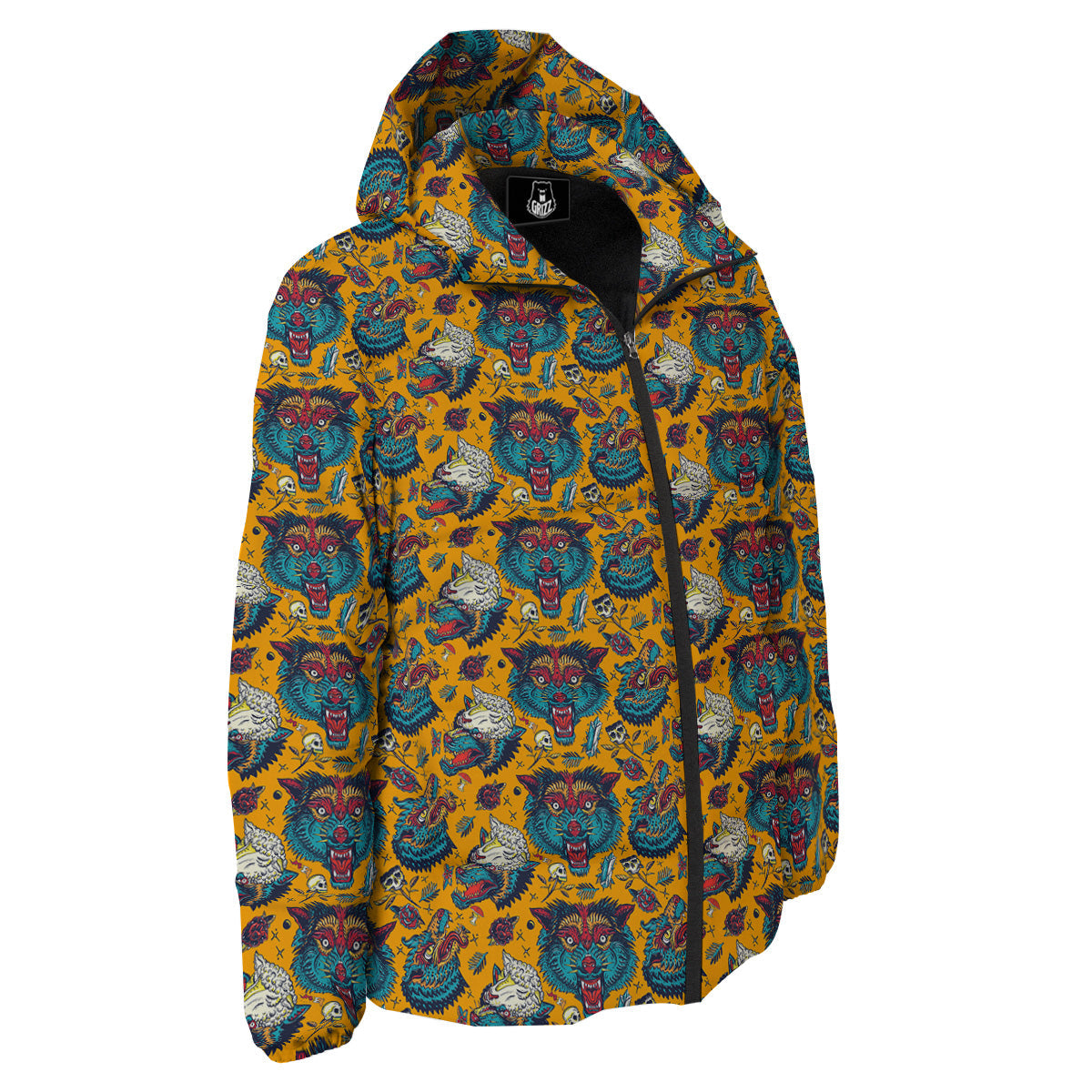 Wolf Head Yellow Tattoo Print Pattern Down Jacket-grizzshop