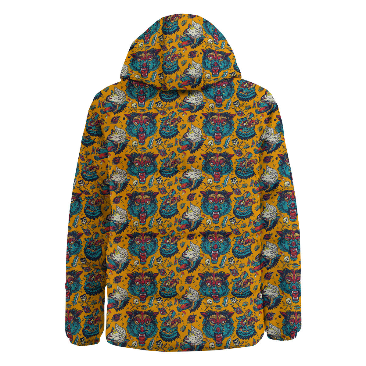 Wolf Head Yellow Tattoo Print Pattern Down Jacket-grizzshop