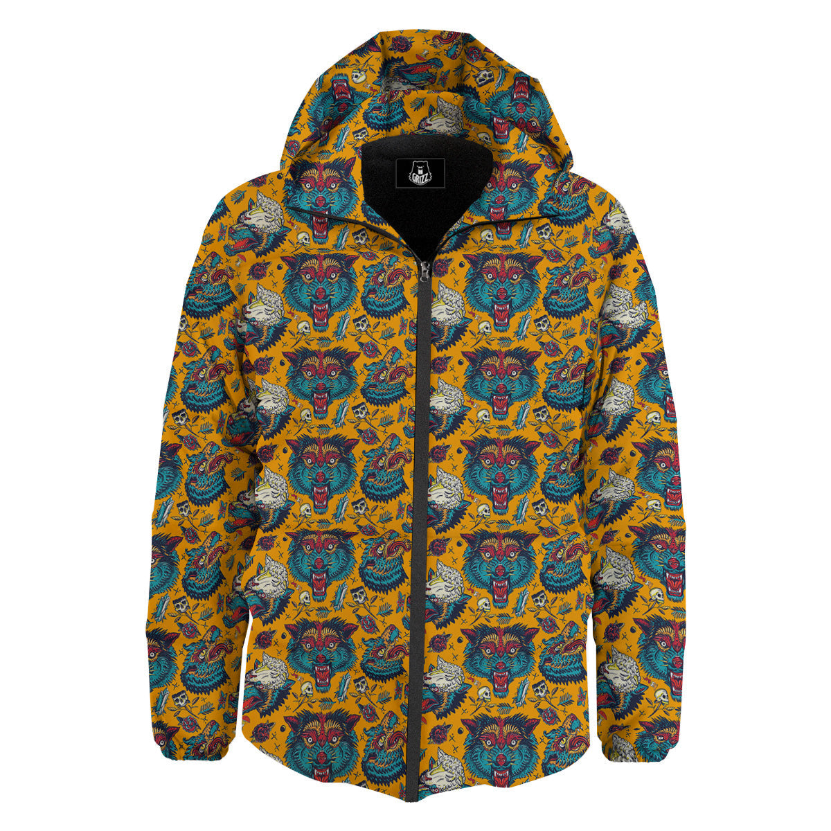 Wolf Head Yellow Tattoo Print Pattern Down Jacket-grizzshop