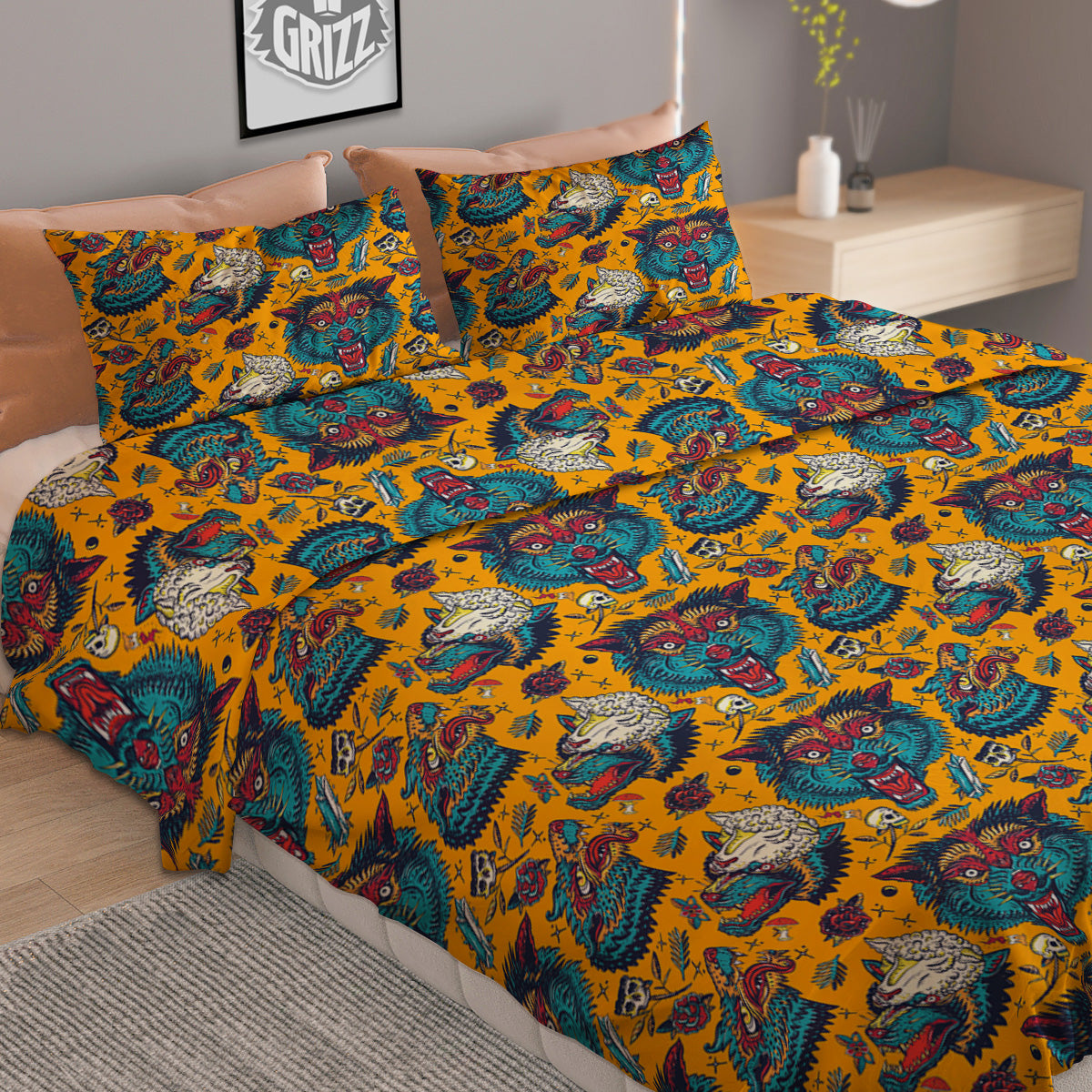 Wolf Head Yellow Tattoo Print Pattern Duvet Cover Bedding Set
