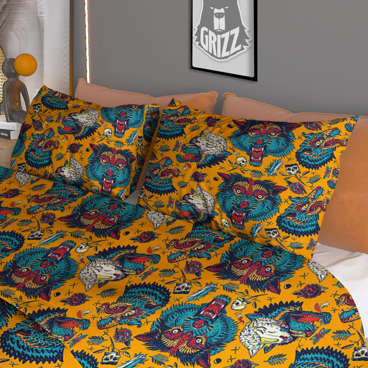 Wolf Head Yellow Tattoo Print Pattern Duvet Cover Bedding Set