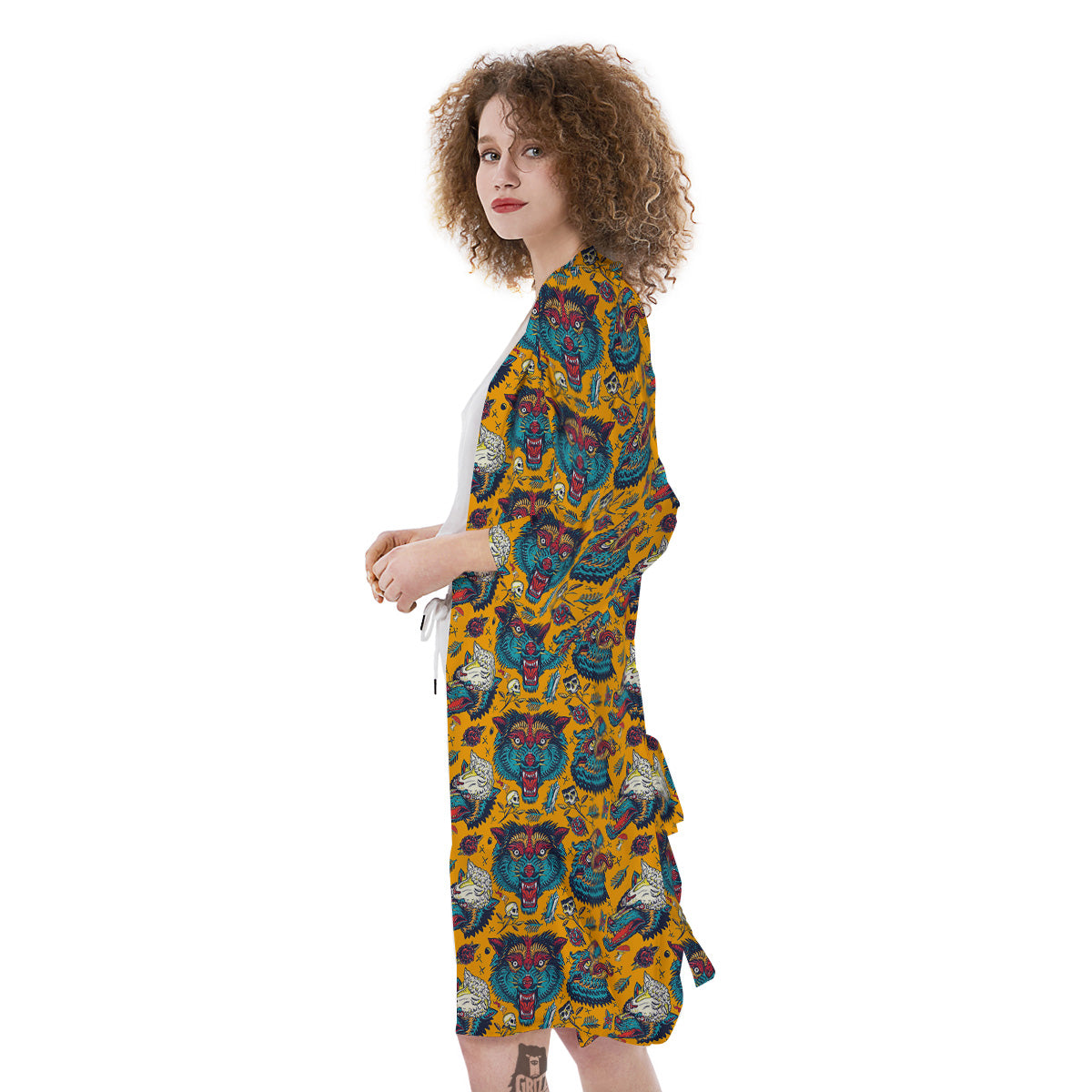 Wolf Head Yellow Tattoo Print Pattern Kimono-grizzshop