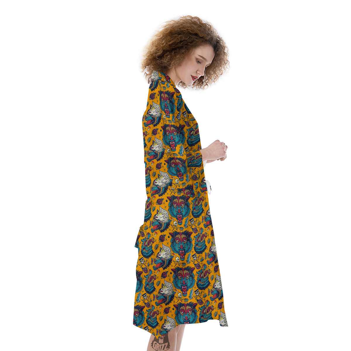 Wolf Head Yellow Tattoo Print Pattern Kimono-grizzshop