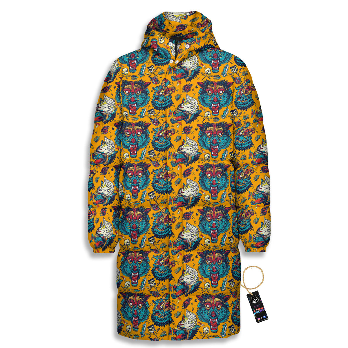 Wolf Head Yellow Tattoo Print Pattern Long Down Jacket-grizzshop