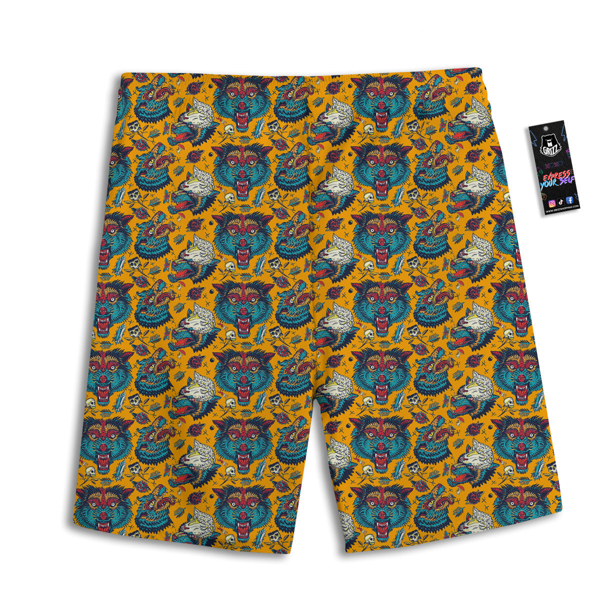 Wolf Head Yellow Tattoo Print Pattern Men's Athletic Shorts