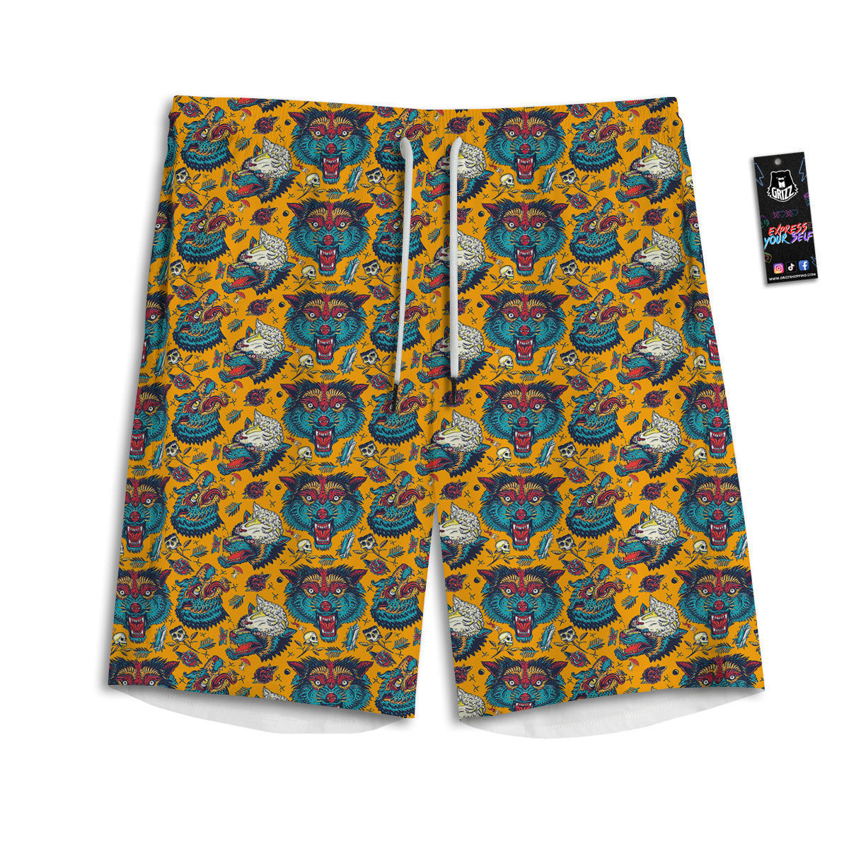 Wolf Head Yellow Tattoo Print Pattern Men's Athletic Shorts