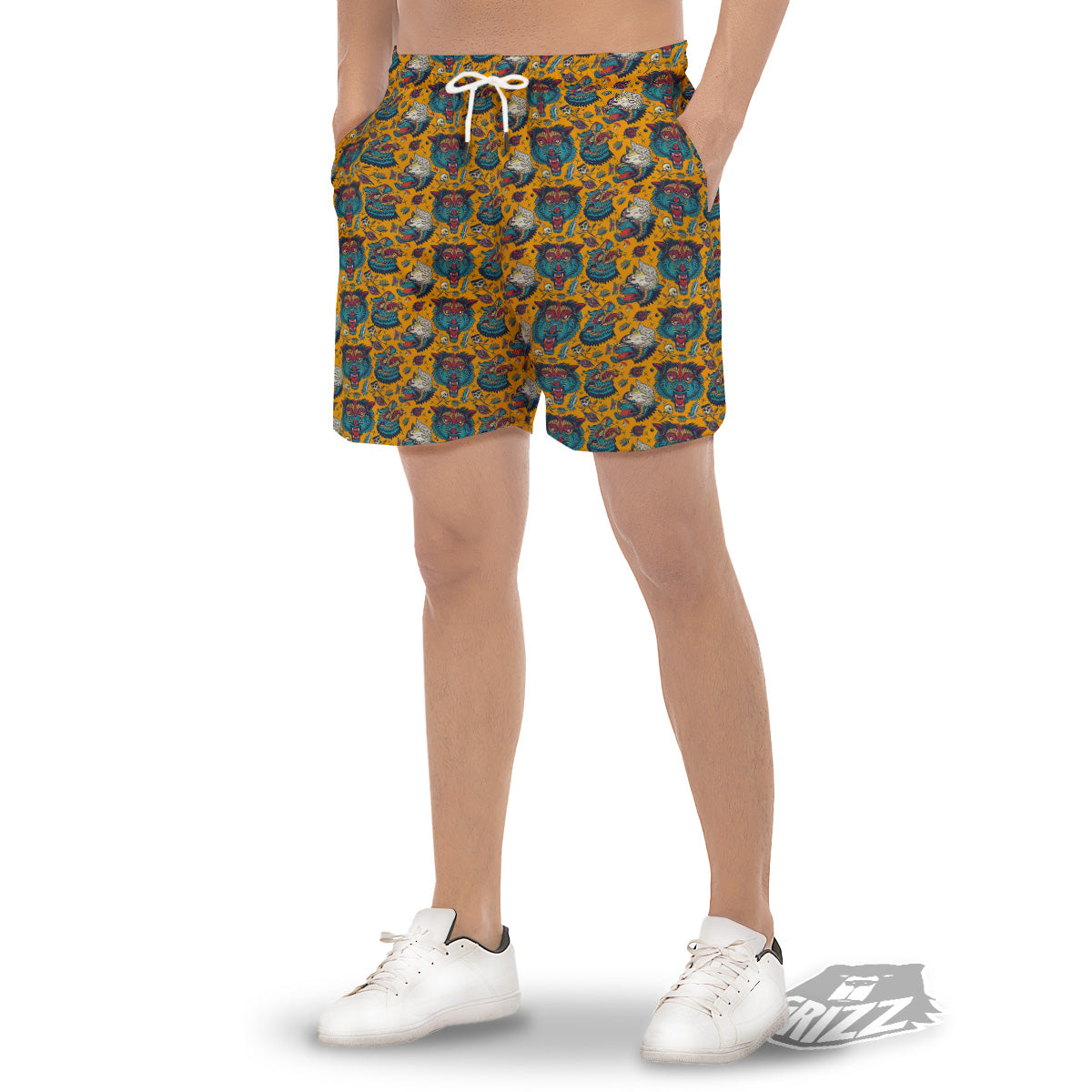 Wolf Head Yellow Tattoo Print Pattern Men's Gym Shorts-grizzshop