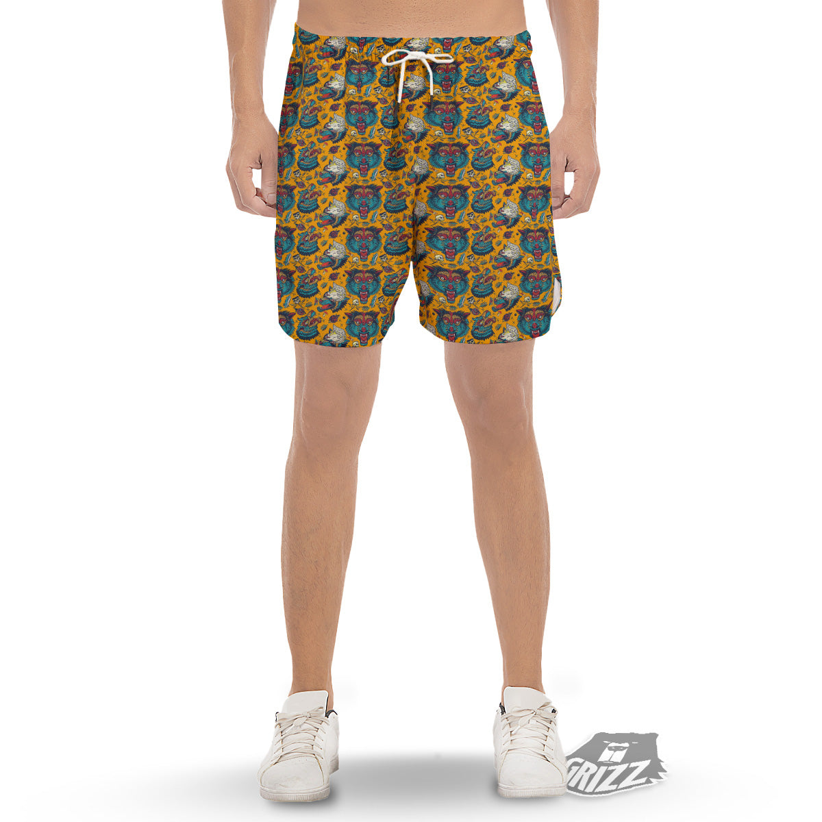 Wolf Head Yellow Tattoo Print Pattern Men's Gym Shorts-grizzshop