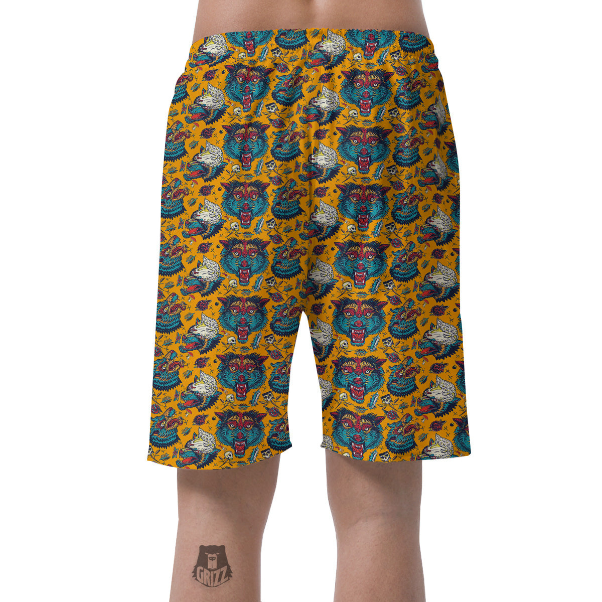Wolf Head Yellow Tattoo Print Pattern Men's Shorts-grizzshop