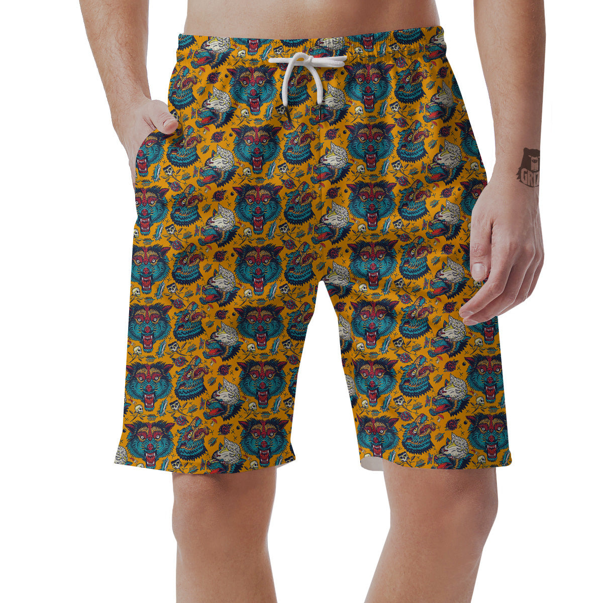 Wolf Head Yellow Tattoo Print Pattern Men's Shorts-grizzshop