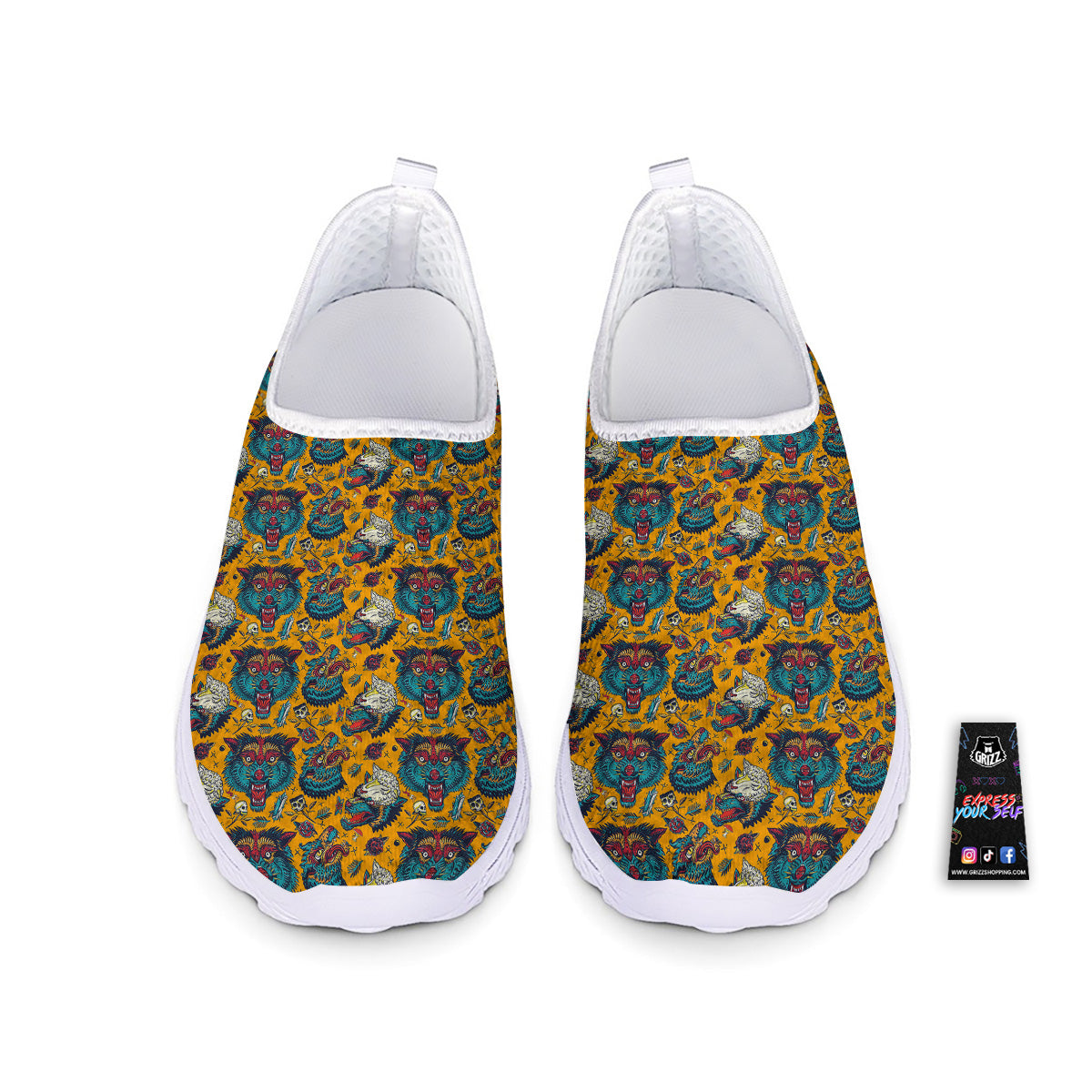 Wolf Head Yellow Tattoo Print Pattern Nurse Shoes-grizzshop